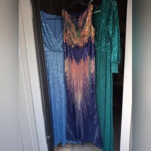 3 Dresses NWOT Med Large XL Blue Green Sequins Shiny Holiday Formal